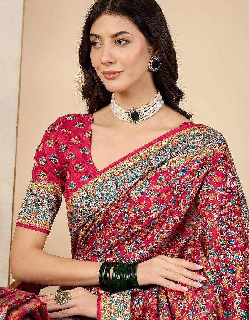 Pink ethnic motifs silk blend banarasi saree