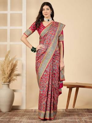Pink ethnic motifs silk blend banarasi saree 2