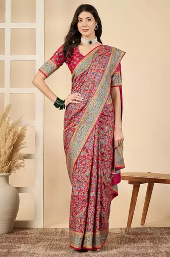 Pink ethnic motifs silk blend banarasi saree