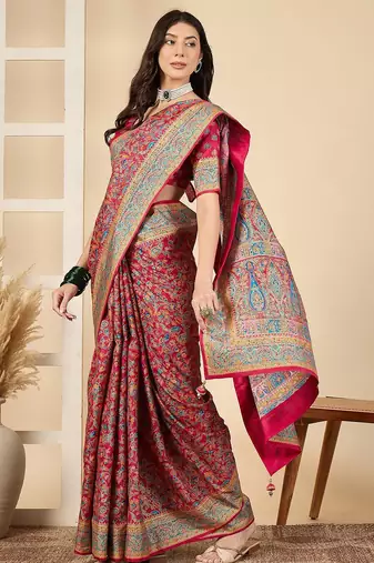 Pink ethnic motifs silk blend banarasi saree