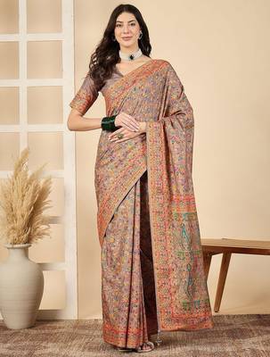 Brown woven design silk blend banarasi saree 1
