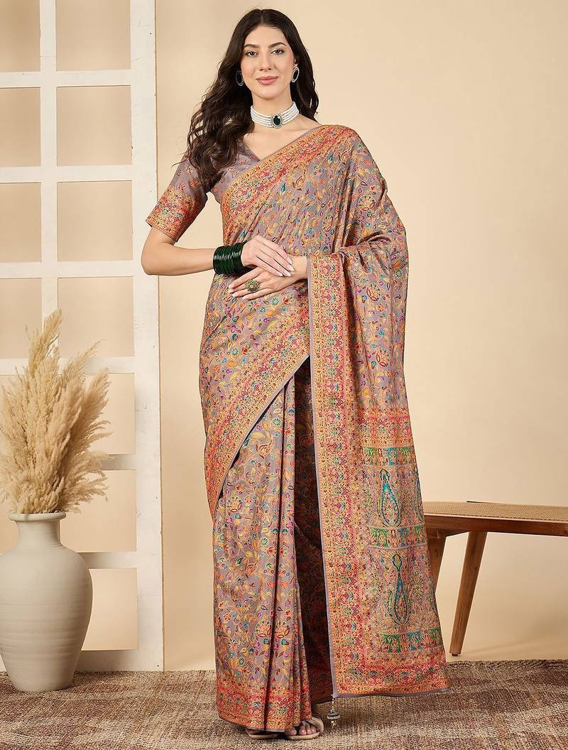 Brown woven design silk blend banarasi saree