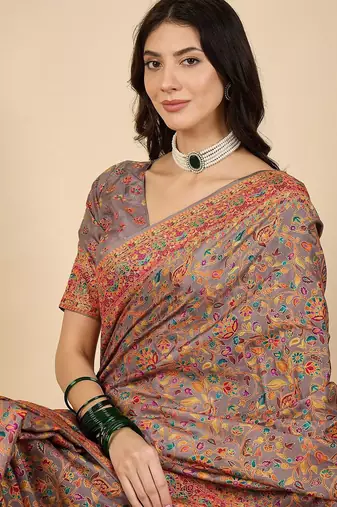 Brown woven design silk blend banarasi saree