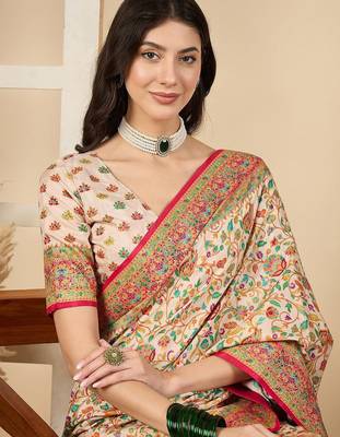 Cream woven design silk blend banarasi saree 1