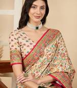 Cream woven design silk blend banarasi saree