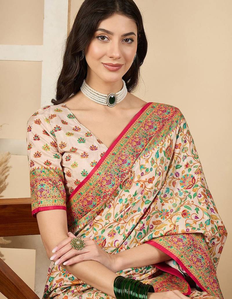 Cream woven design silk blend banarasi saree