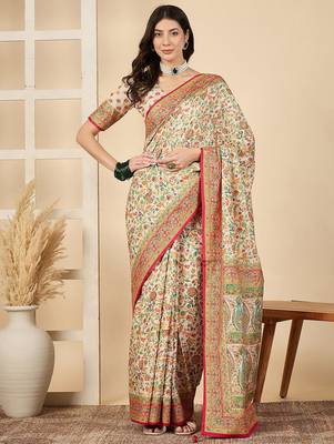 Cream woven design silk blend banarasi saree 2