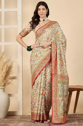 Cream woven design silk blend banarasi saree