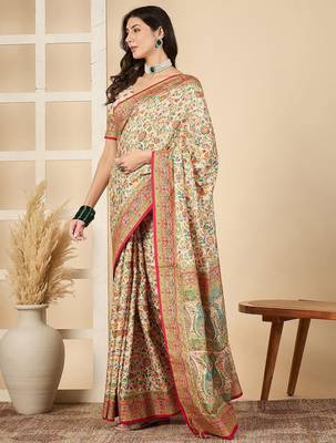 Cream woven design silk blend banarasi saree 3