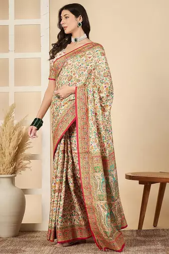 Cream woven design silk blend banarasi saree