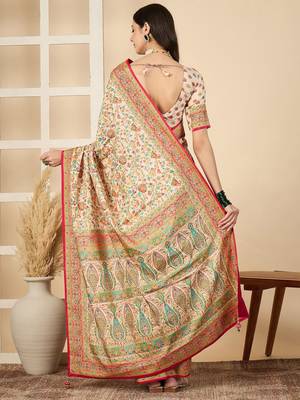 Cream woven design silk blend banarasi saree 4