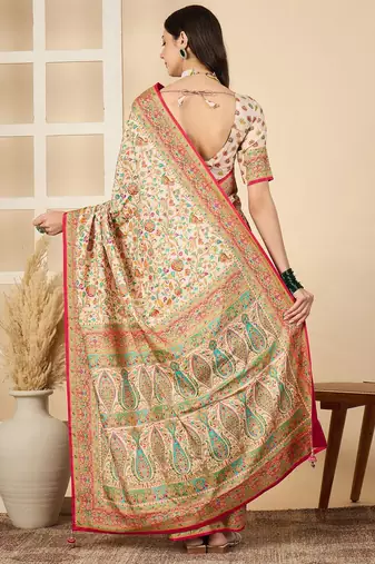 Cream woven design silk blend banarasi saree