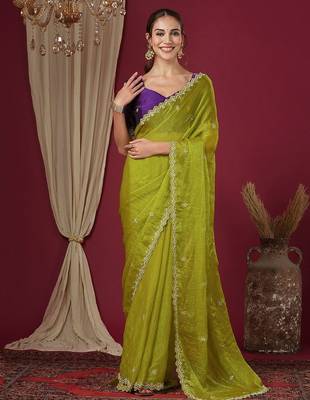 Green embellished beads and stones border chiffon saree 1