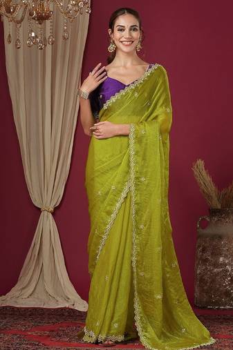 Green embellished beads and stones border chiffon saree