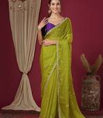 Green embellished beads and stones border chiffon saree