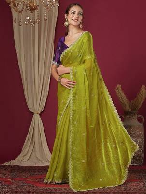 Green embellished beads and stones border chiffon saree 2