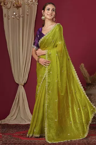 Green embellished beads and stones border chiffon saree