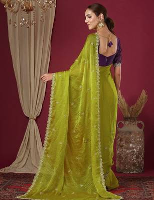 Green embellished beads and stones border chiffon saree 3