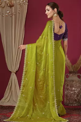 Green embellished beads and stones border chiffon saree