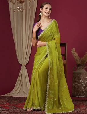 Green embellished beads and stones border chiffon saree 4