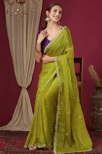 Green embellished beads and stones border chiffon saree