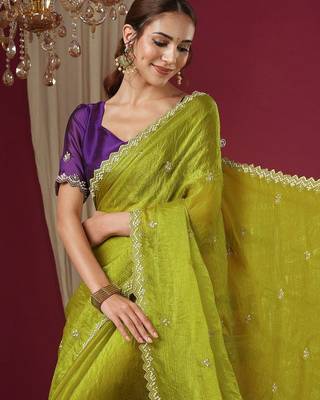 Green embellished beads and stones border chiffon saree 5