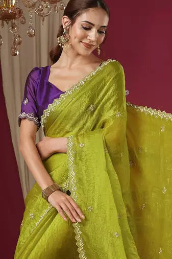 Green embellished beads and stones border chiffon saree