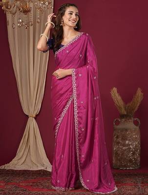 Pink women floral embroidered  chiffon beads and stones saree 1