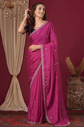 Pink women floral embroidered  chiffon beads and stones saree