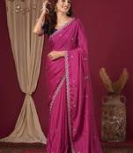 Pink women floral embroidered  chiffon beads and stones saree