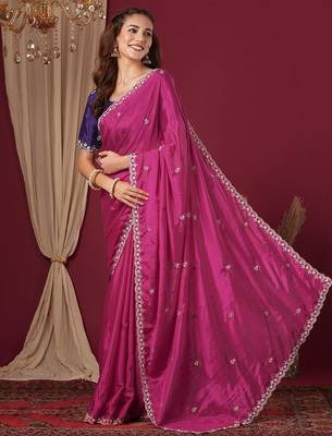 Pink women floral embroidered  chiffon beads and stones saree 2