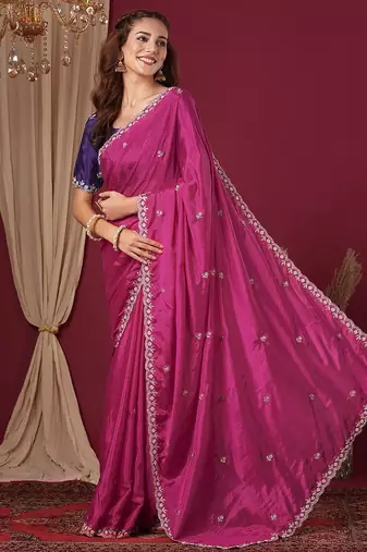 Pink women floral embroidered  chiffon beads and stones saree