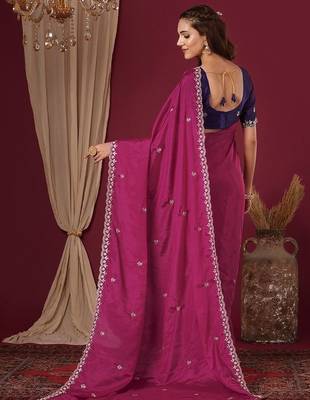 Pink women floral embroidered  chiffon beads and stones saree 3