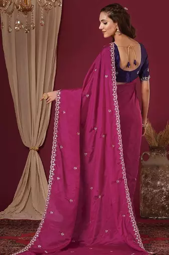 Pink women floral embroidered  chiffon beads and stones saree