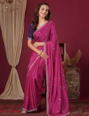 Pink women floral embroidered  chiffon beads and stones saree 4