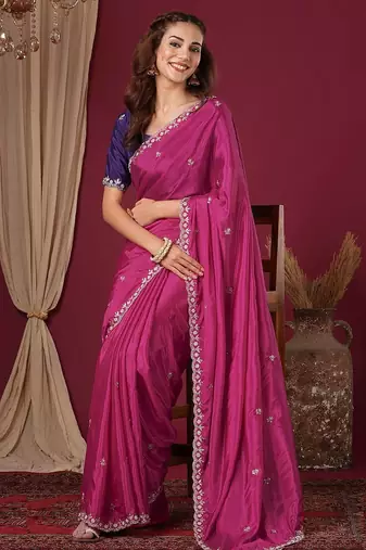 Pink women floral embroidered  chiffon beads and stones saree