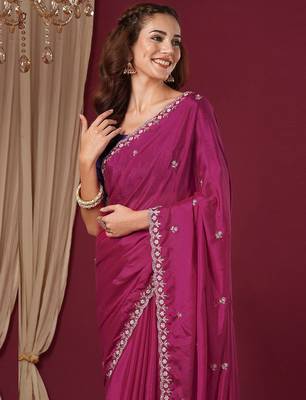 Pink women floral embroidered  chiffon beads and stones saree 5