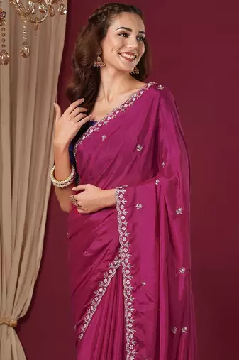 Pink women floral embroidered  chiffon beads and stones saree