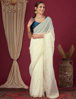 Cream embroidered beads and stones saree 1
