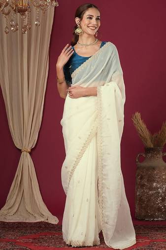 Cream embroidered beads and stones saree