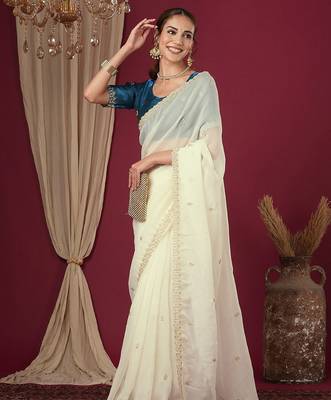 Cream embroidered beads and stones saree 2