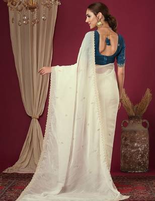 Cream embroidered beads and stones saree 3