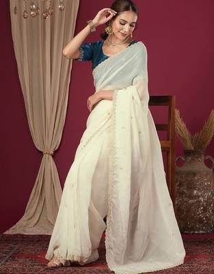 Cream embroidered beads and stones saree 4