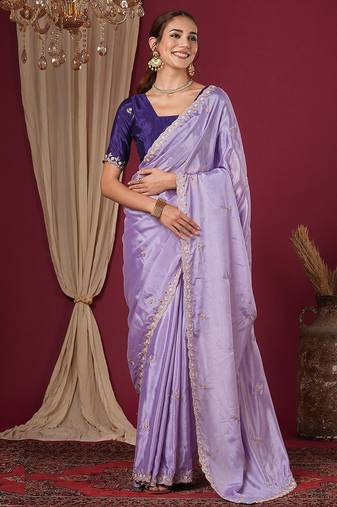 Purple embroidered beads and stones  chiffon saree