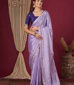 Purple embroidered beads and stones  chiffon saree
