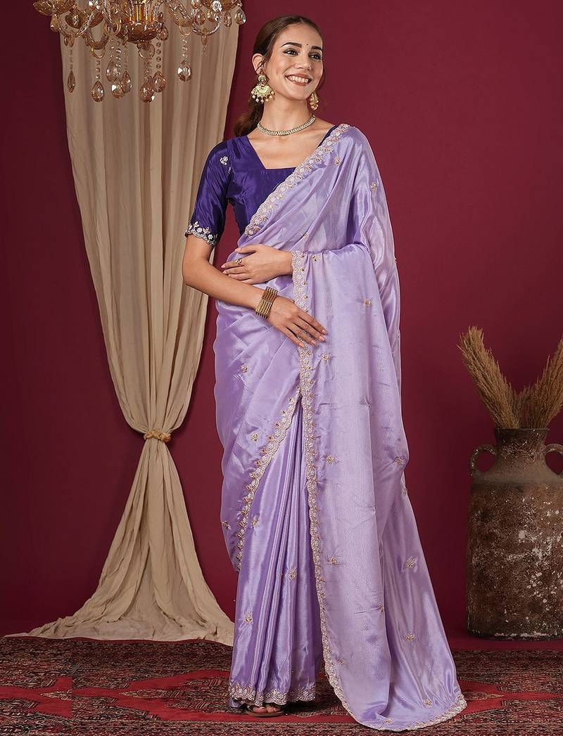 Purple embroidered beads and stones  chiffon saree