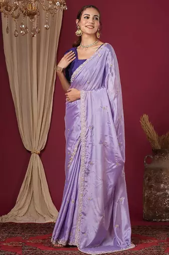 Purple embroidered beads and stones  chiffon saree