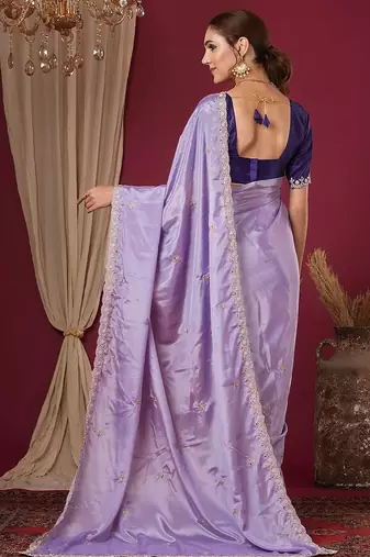 Purple embroidered beads and stones  chiffon saree