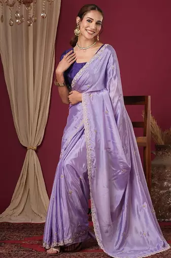 Purple embroidered beads and stones  chiffon saree