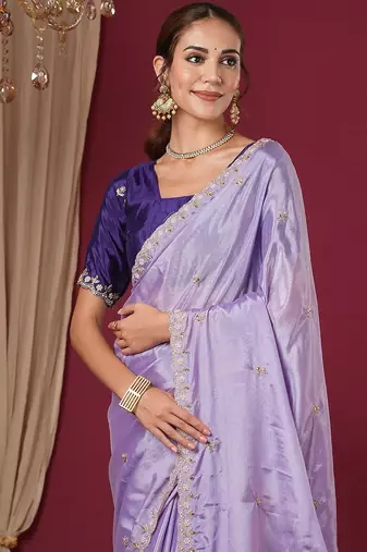Purple embroidered beads and stones  chiffon saree
